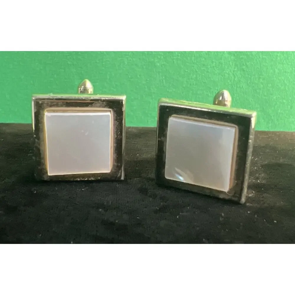 Vintage Mens Cufflinks Mother Of Pearl Gold Tone Rectangle Retro Framed